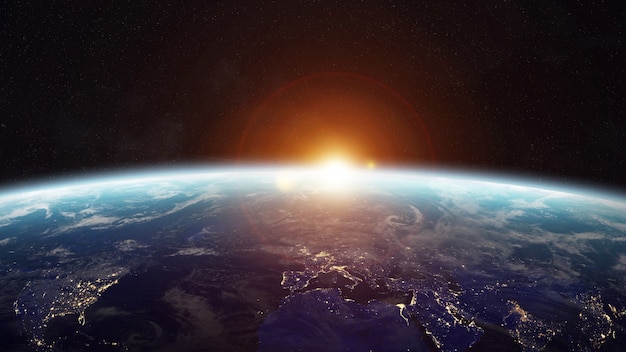 Alba sopra il pianeta terra nella rappresentazione dello spazio 3d
