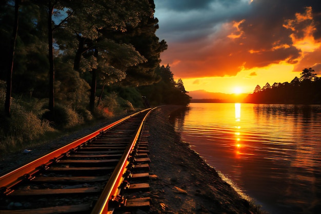 sunrise on rail track along lake tainui