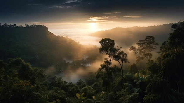 A sunrise over the rainforest in costa rica