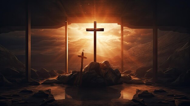 Sunrise reveals empty tomb with crucifixion resurrection s light