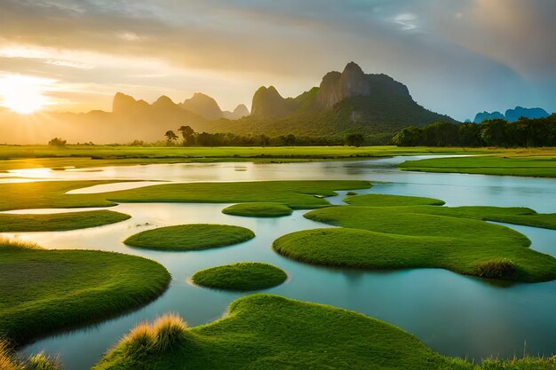 A sunrise over a river with mountains in the background