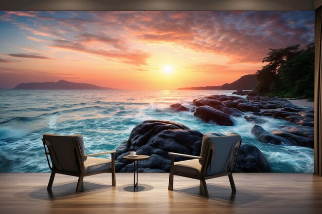 Sunrise over a rocky beach in the phuket area thailand in the style of vincent callebaut