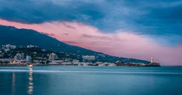 Sunrise over rocky black sea Yalta Ukraine