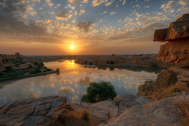 Sunrise over sacred Gadi Sagar lake in Jaisalmer India