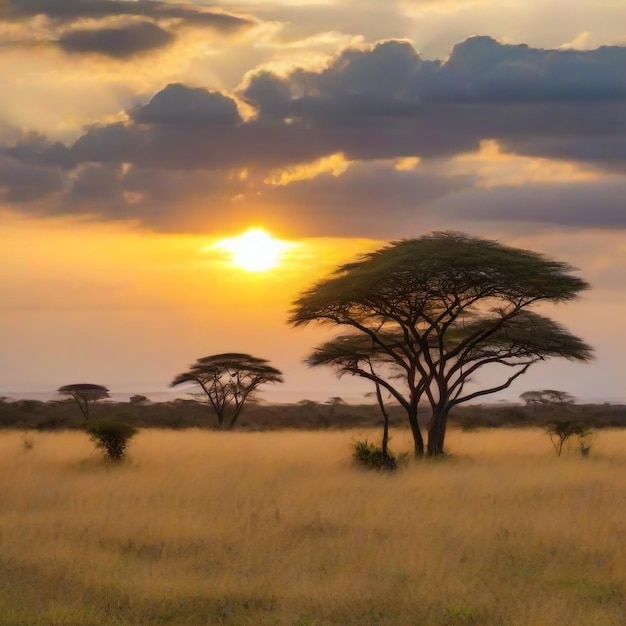 Sunrise over the savanna and grass fields