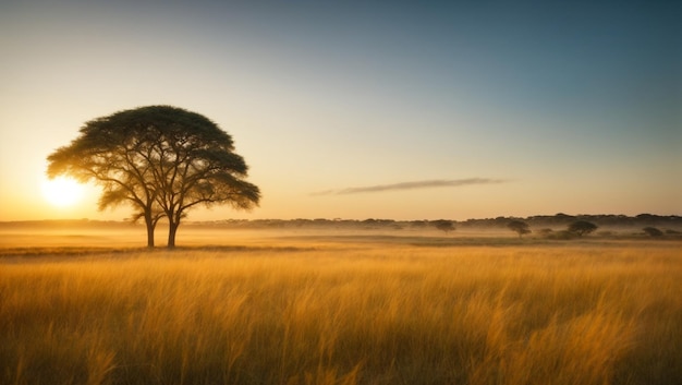 Sunrise over the savanna and grass fields