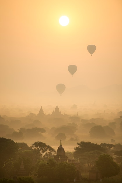 Sunrise scene at pagoda ancient city field in Bagan Myanmar