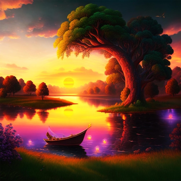 Premium AI Image | Sunrise scenery wallpaper with lake view