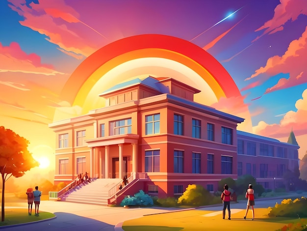 教師の日の希望とインスピレーションを象徴する学校の建物上の日の出 AIが生成する画像