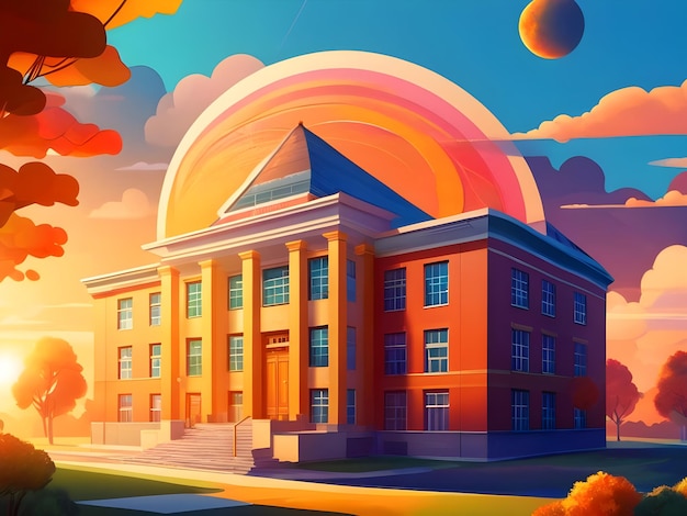 Sunrise over a school building symbolizing hope and inspiration on Teachers Day AI Generate Image