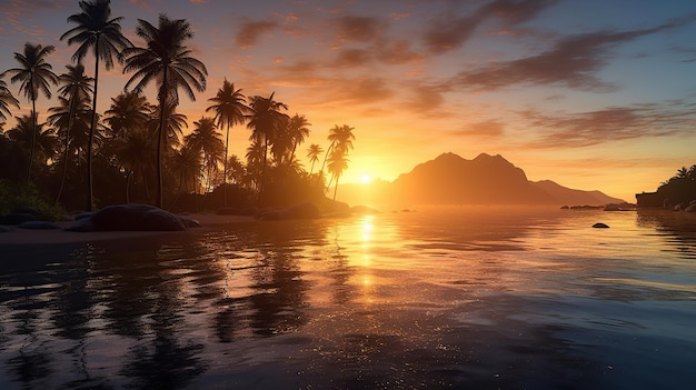 Sunrise at sea with islands and coconut trees Generative AI