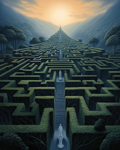 sunrise serenade oil painting of a labyrinth and obelisk Ai Generated