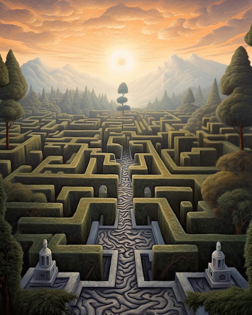 sunrise serenade oil painting of a labyrinth and obelisk Ai Generated