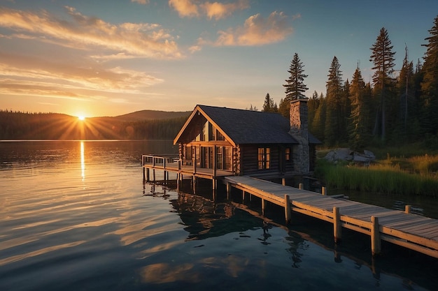 Sunrise Behind Serene Lakeside Cabin