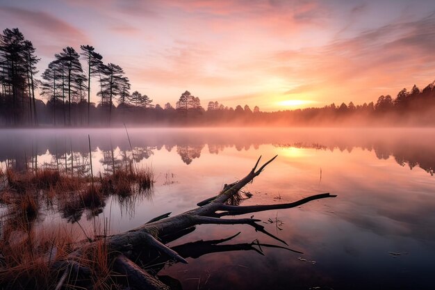 Foto la serenità dell'alba sul lago nebbioso