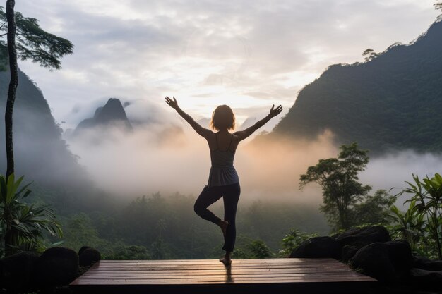 Sunrise Serenity Outdoor Yoga Amid Tropical Mountain Landscape