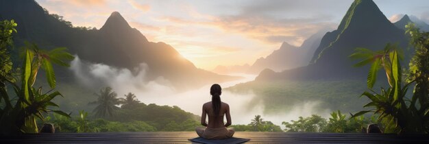Sunrise Serenity Outdoor Yoga Amid Tropical Mountain Landscape