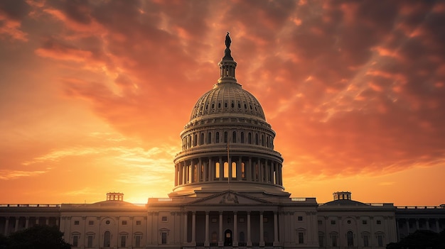 Sunrise silhouette of the U S Capitol dome