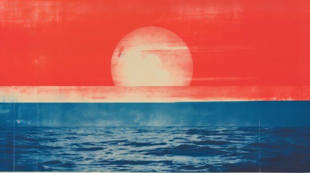 Foto sunrise silkscreen stratificato immagini con sottile ironia in rosso blu e bianco