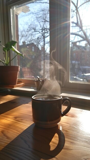 해가 뜨면 부드러운 아침 빛 속 에 커피 컵 에서 어나오는 증기 를 마시십시오