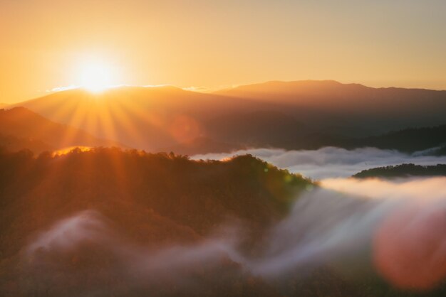 Photo sunrise sky with sea of clouds from the mountain ridge in late autumn november 2021              autumn colors