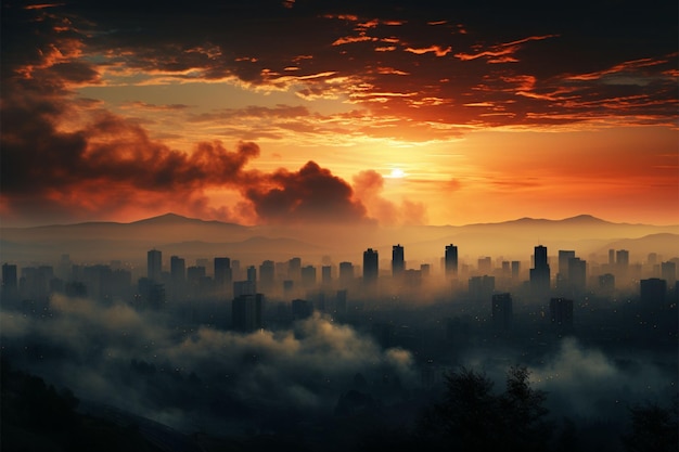 Sunrise over smogcovered city in summer