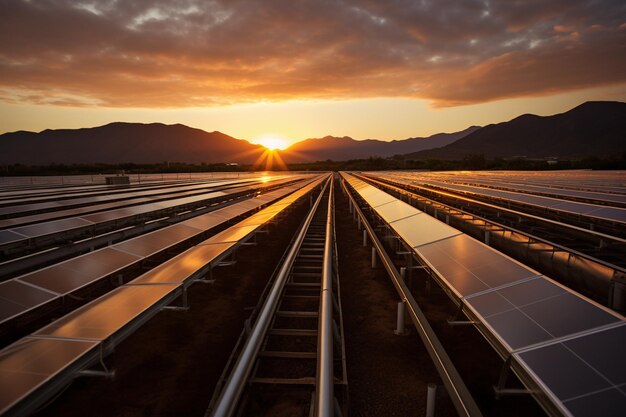 清潔なエネルギーを擁護する太陽電池パネルの上で日の出