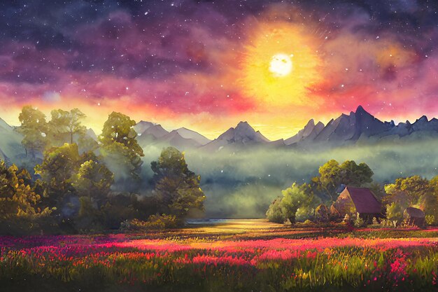Sunrise in the spring mountains color illustration