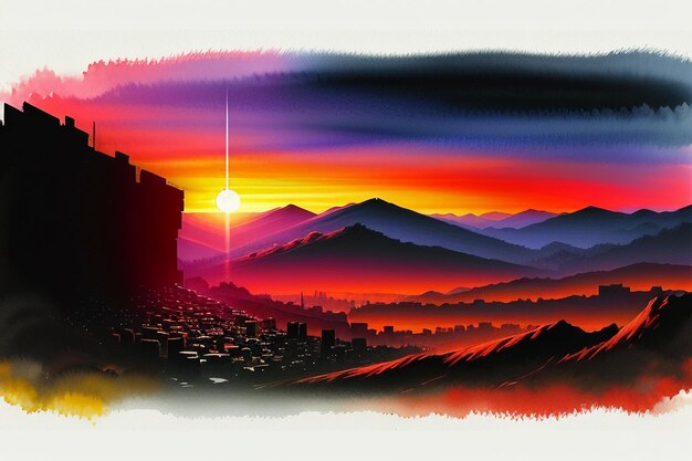 日の出夕暮れ森の畑のオレンジ色の太陽の光風景の壁紙の背景