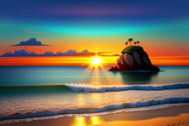 Photo sunrise and sunset light on the ocean beach island beautiful natural scenery wallpaper background