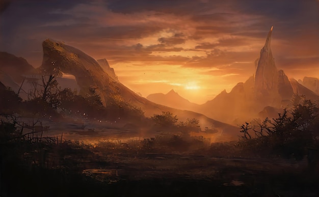 Sunrise sunset in mountains fabulous landscape of mountain peaks Rays of the sun illuminate the slopes of the mountains Magical nature illustration