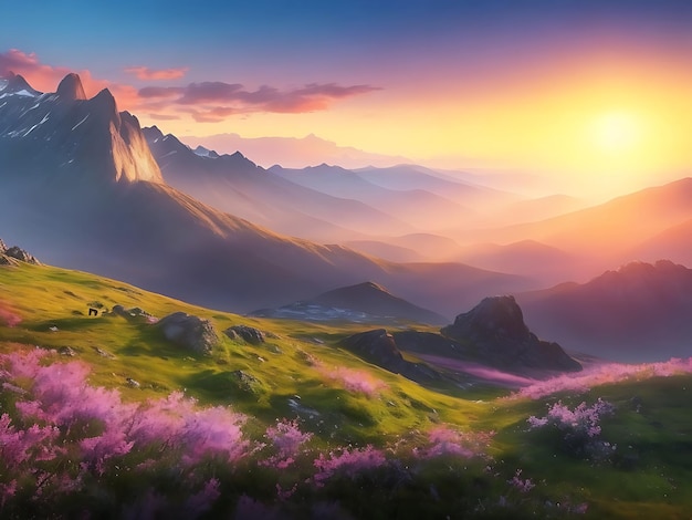 Sunrise sunset in mountains fabulous landscape of mountain of the sun illuminate nature illustration