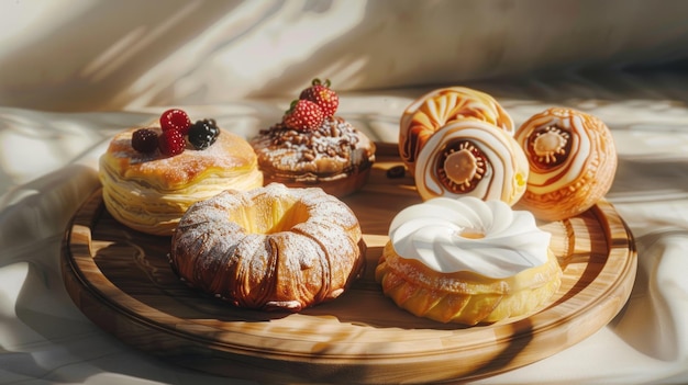 Photo sunrise sweets morning pastry array softened by gentle light for texture