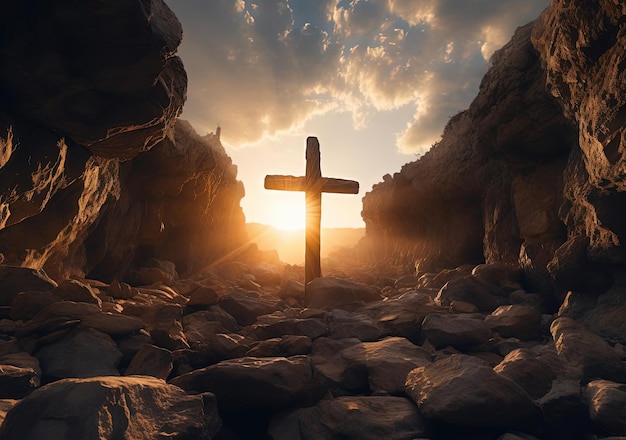 sunrise through a crevice filled with crosses and a cave sunlight in the style of photorealistic