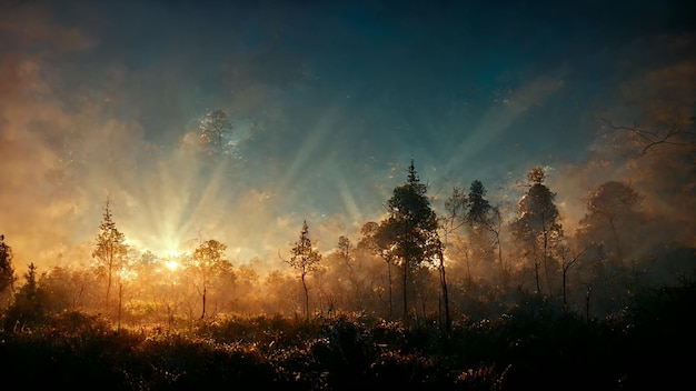 Sunrise time of forest field landscape nature