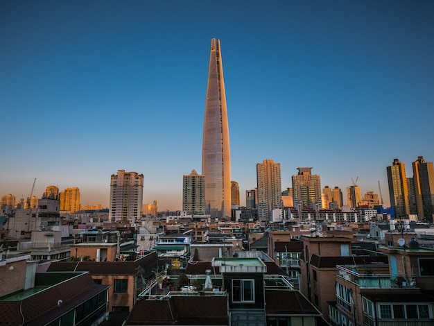 Sunrise on tower and skyscrapers in Seoul