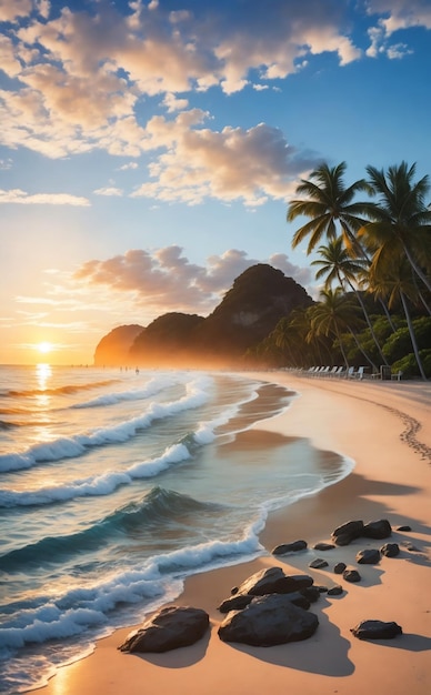 Foto alba sulla spiaggia tranquilla