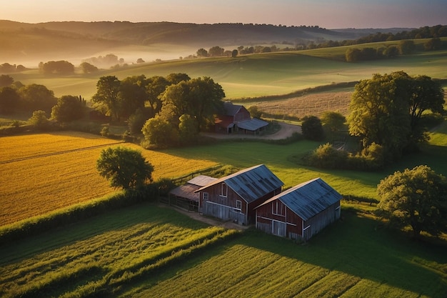 Sunrise Over Tranquil Countryside Farm