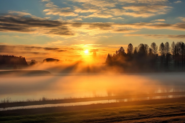 Sunrise over a tranquil countryside landscape