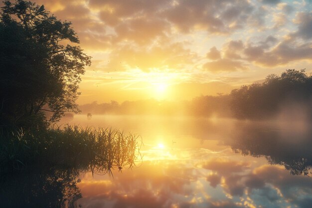 Sunrise over a tranquil lake