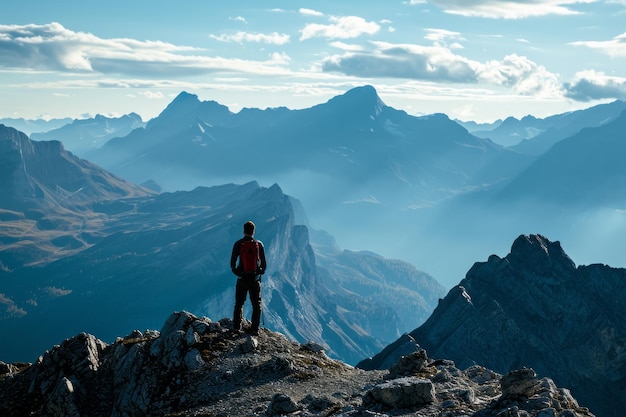 Sunrise triumph A happy man reaches new heights standing tall on a mountain summit embracing the morning glow