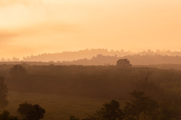 Sunrise at The tropical forest in mountain landscape.