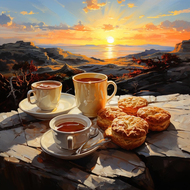 Восход солнца, две чашки чая и сухари.