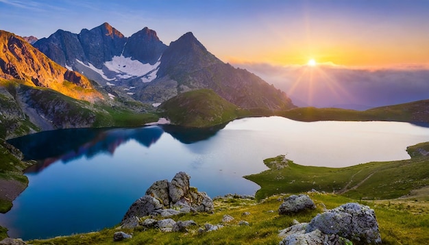 Foto l'alba ha svelato uno spettacolo mozzafiato sul lago di montagna