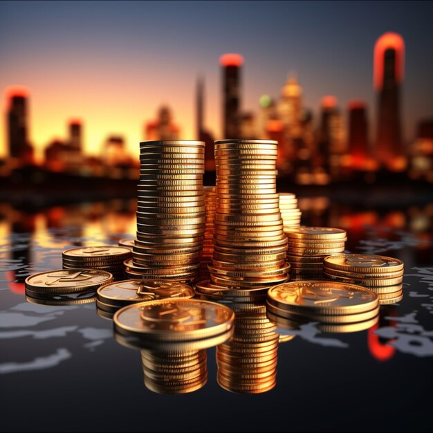 Photo sunrise unveils coin towers symbolizing towering financial success and strategy for social media po