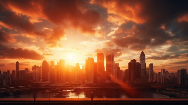 Восход солнца за городскими зданиями