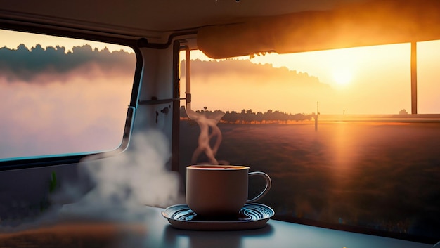 sunrise in the van coffee steam in the morning generative Ai