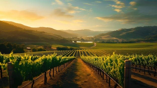 Sunrise View Aerial Landscape of a Vineyard and Farm Fields