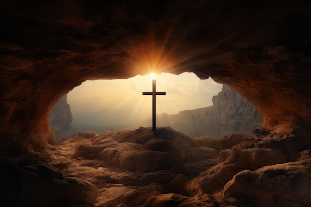 Восход солнца на христианский крест внутри пещерной гробницы, созданный AI