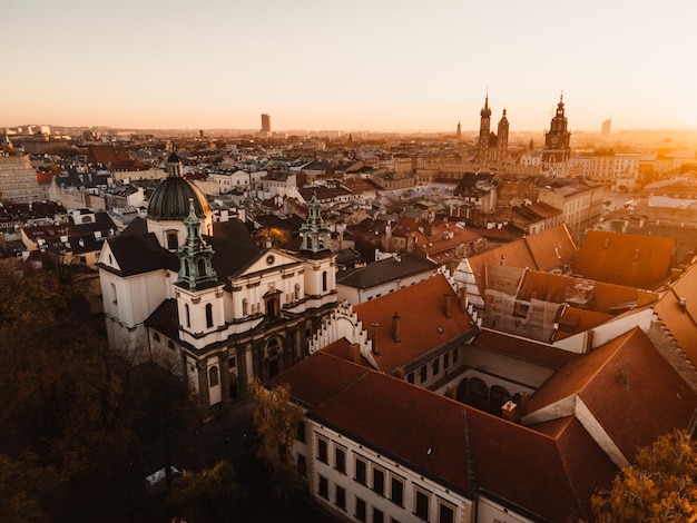 Sunrise view on Cracow main square and streets Cracow Lesser Poland province St Mary's Basilica Rynek Glowny Wawel castle